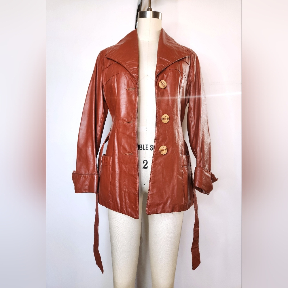 70s Brown Leather Coat Jacket Trench Coat Jacket Belted Quilted Lining XXS XS - Picture 3 of 12